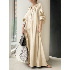 Women puff sleeve stand collar solid color swing shirt casual maxi dress with pocket Sal