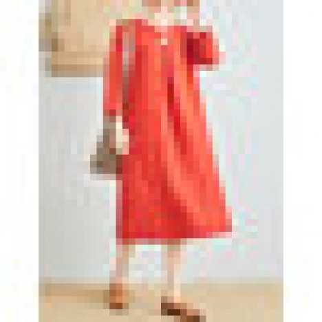 Women pure color cotton linen v-neck long sleeve dress Sal