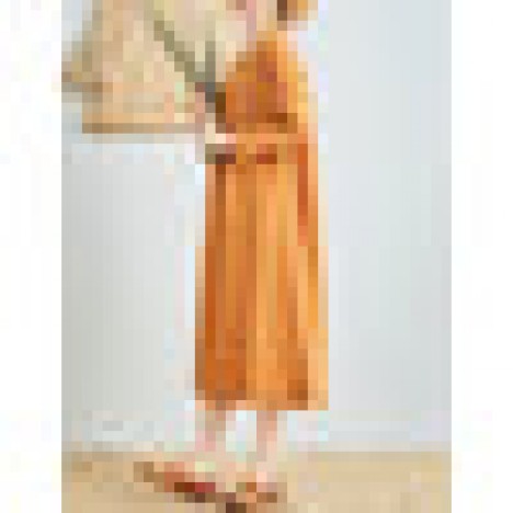 Women pure color cotton linen v-neck long sleeve dress Sal