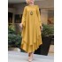 Women pure color layered irregular hem kaftan casual long sleeve maxi dresses Sal