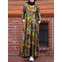 Women retro abstract print o-neck long sleeve pleated maxi dresses with pocket Sal