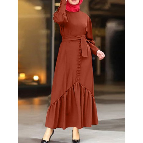 Women ruffle hem patchwork solid color belted muslim maxi dress abaya kaftan Sal