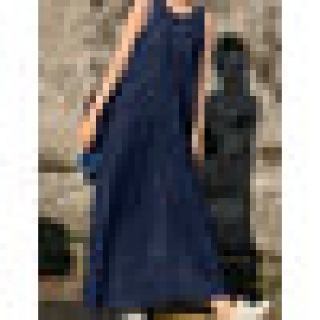 Women seam detail o-neck casual sleeveless denim maxi dresses with pocket Sal