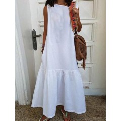 Women sleeveless o-neck cotton solid maxi dress Sal