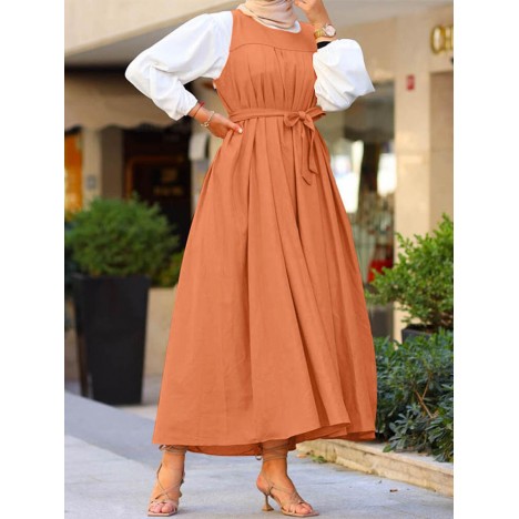 Women sleeveless solid color belted a-line casual loose slip maxi dress Sal