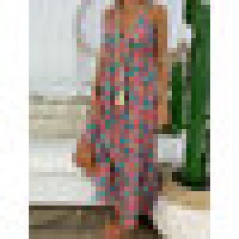 Women sleeveless straps floral print elastic waist summer holiday long maxi dress Sal