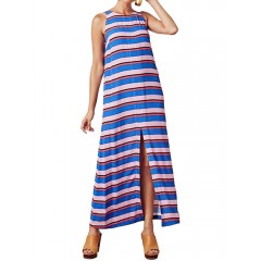 Women sleeveless stripe o-neck high split dress Sal