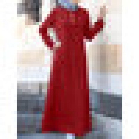 Women solid color button front round neck long sleeve a-line maxi dress with pocket Sal