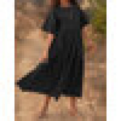 Women solid color half sleeve pleated casual square neck maxi dress Sal
