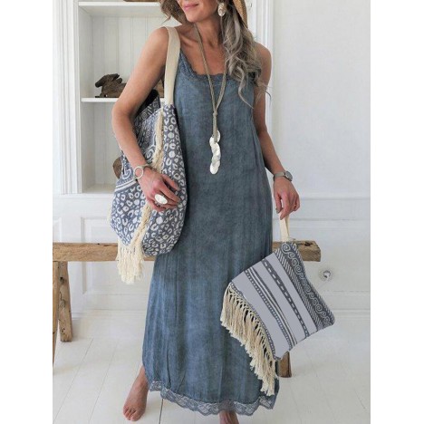 Women solid color lace patchwork sleeveless sling casual maxi dress Sal