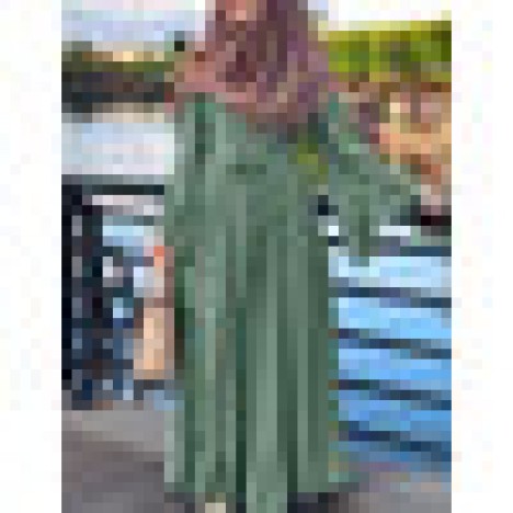 Women solid color lace-up pleated big swing long sleeve casual vintage maxi dress Sal