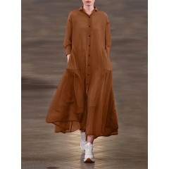 Women solid color lapel pleats long sleeve casual shirt dress with side pocket Sal