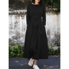 Women solid color o-neck lace-up long sleeve maxi dress with side pocket Sal