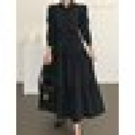 Women solid color puff sleeve loose layered pleated lapel maxi dress Sal