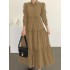 Women solid color puff sleeve loose layered pleated lapel maxi dress Sal