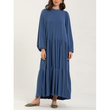 Women solid color puff sleeve loose layered tiered casual maxi dress Sal