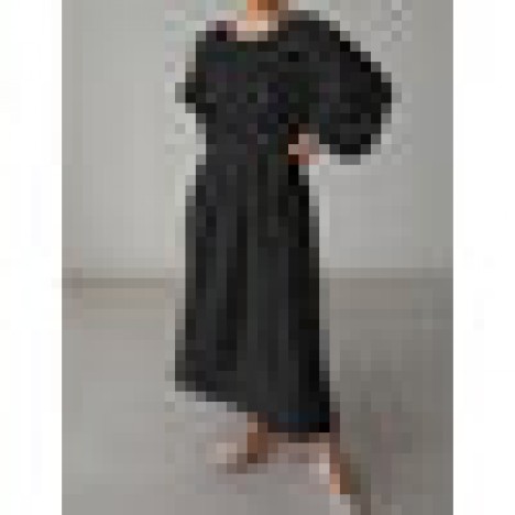 Women solid color puff sleeve retro style pleated maxi dress Sal