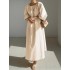 Women solid color puff sleeve retro style pleated maxi dress Sal