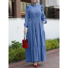 Women solid color puff sleeve stitching ruffle trims elastic waist casual layered dress Sal
