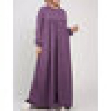 Women solid color puff sleeves pleated loose casual o-neck maxi dress Sal