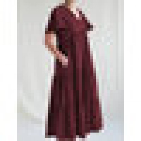 Women solid color v-neck cotton pleated button loose casual maxi dress Sal