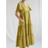 Women solid color v-neck cotton pleated button loose casual maxi dress Sal