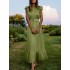 Women solid round neck ruffle trims lace up casual sleeveless maxi dresses Sal