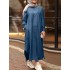 Women solid side pockets denim casual loose kaftan robe split shirt maxi dress Sal