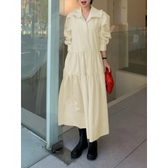 Women solid tiered doll collar long sleeve casual maxi dresses Sal