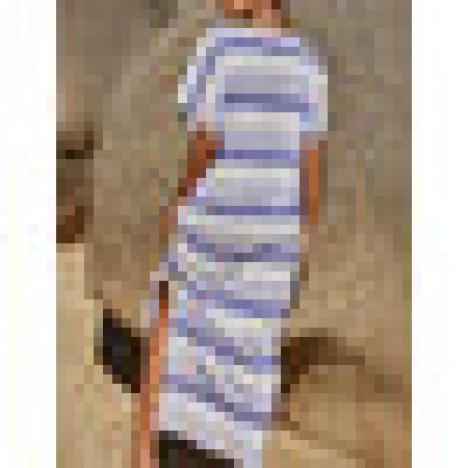 Women stripe loose slit hem v-neck short sleeve maxi dress Sal