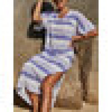 Women stripe loose slit hem v-neck short sleeve maxi dress Sal