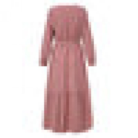 Women striped print button front o-neck long sleeve belted muslim dress abaya kaftan Sal