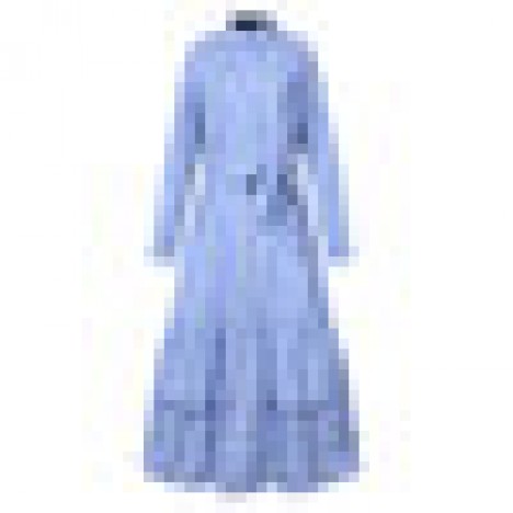 Women striped printing lace-up button lapel long sleeve causal loose maxi dress Sal