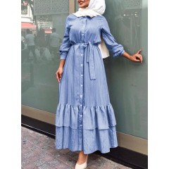 Women striped printing lace-up button lapel long sleeve causal loose maxi dress Sal