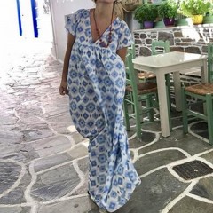 Women summer beach short sleeve bohemia printed maxi dress Sal