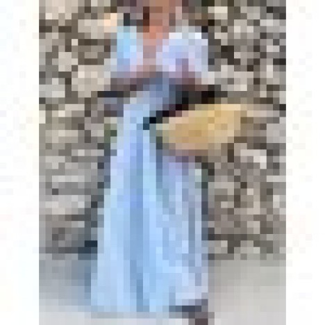 Women v-neck holiday beach sundress a-line pleated maxi dress Sal