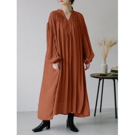 Women v-neck puff sleeve pleated loose solid color maxi dress Sal