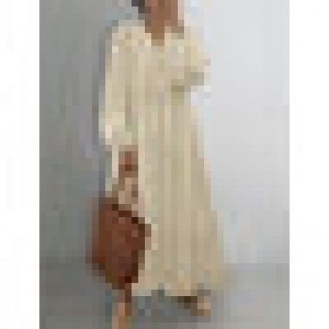 Women v-neck swing solid color pleats long sleeve maxi dress Sal