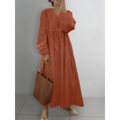 Women v-neck swing solid color pleats long sleeve maxi dress Sal