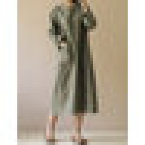 Women vintage 3/4 sleeve split casual solid mid-long dress Sal