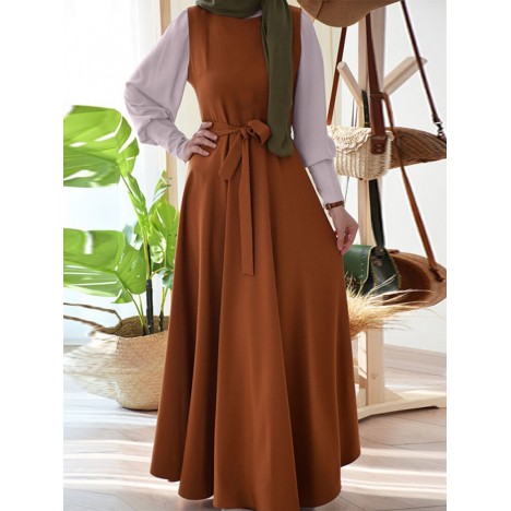 Women vintage contrast color patchwork belted long sleeve casual maxi dress Sal