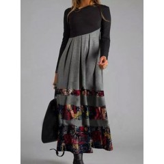 Women vintage floral print patchwork v-neck long sleeve maxi dress Sal