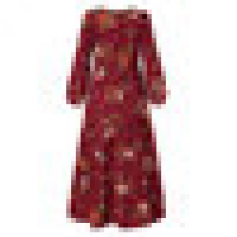 Women vintage floral print v-neck back zipper puff sleeve maxi dresses Sal