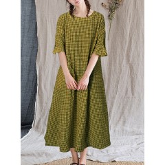 Women vintage plaid puff sleeve o-neck casual maxi dress with pocket Sal