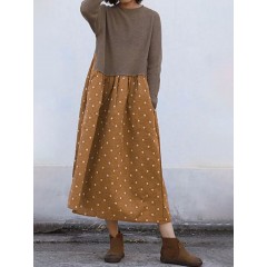 Women vintage polka dot print patchwork long sleeve dress Sal