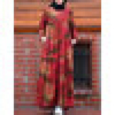 Women vintage print tiered zip back long sleeve kaftan maxi dresses with pocket Sal