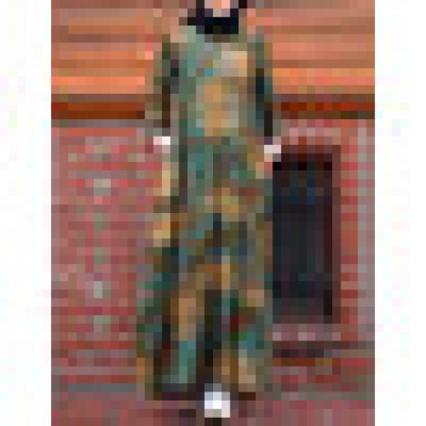 Women vintage print tiered zip back long sleeve kaftan maxi dresses with pocket Sal