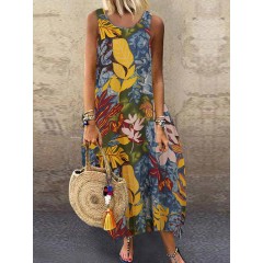 Women vintage sleeveless o-neck loose baggy summer casual long maxi dress Sal
