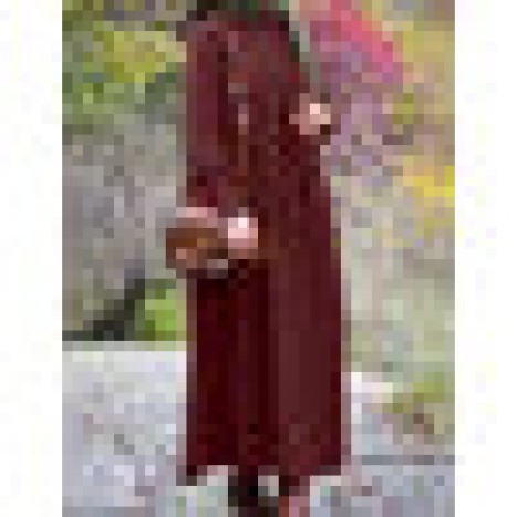 Women vintage solid color puff sleeve pleated casual muslim kaftan maxi dress Sal
