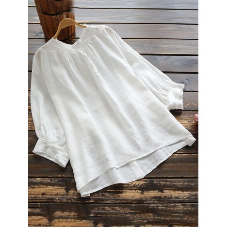 3/4 sleeve o neck cotton irregular casual loose shirt blouse Sal